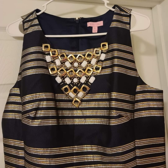 EUC Size 10 Lilly Pulitzer Navy Blue and Gold Glam Metallic Stripe Beaded Dress - Picture 3 of 3